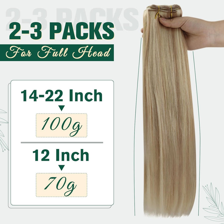 RUNATURE Echthaar Tressen Extensions Aschblond mit Platinblond Sew in Weft Extensions Remy Blond Tre