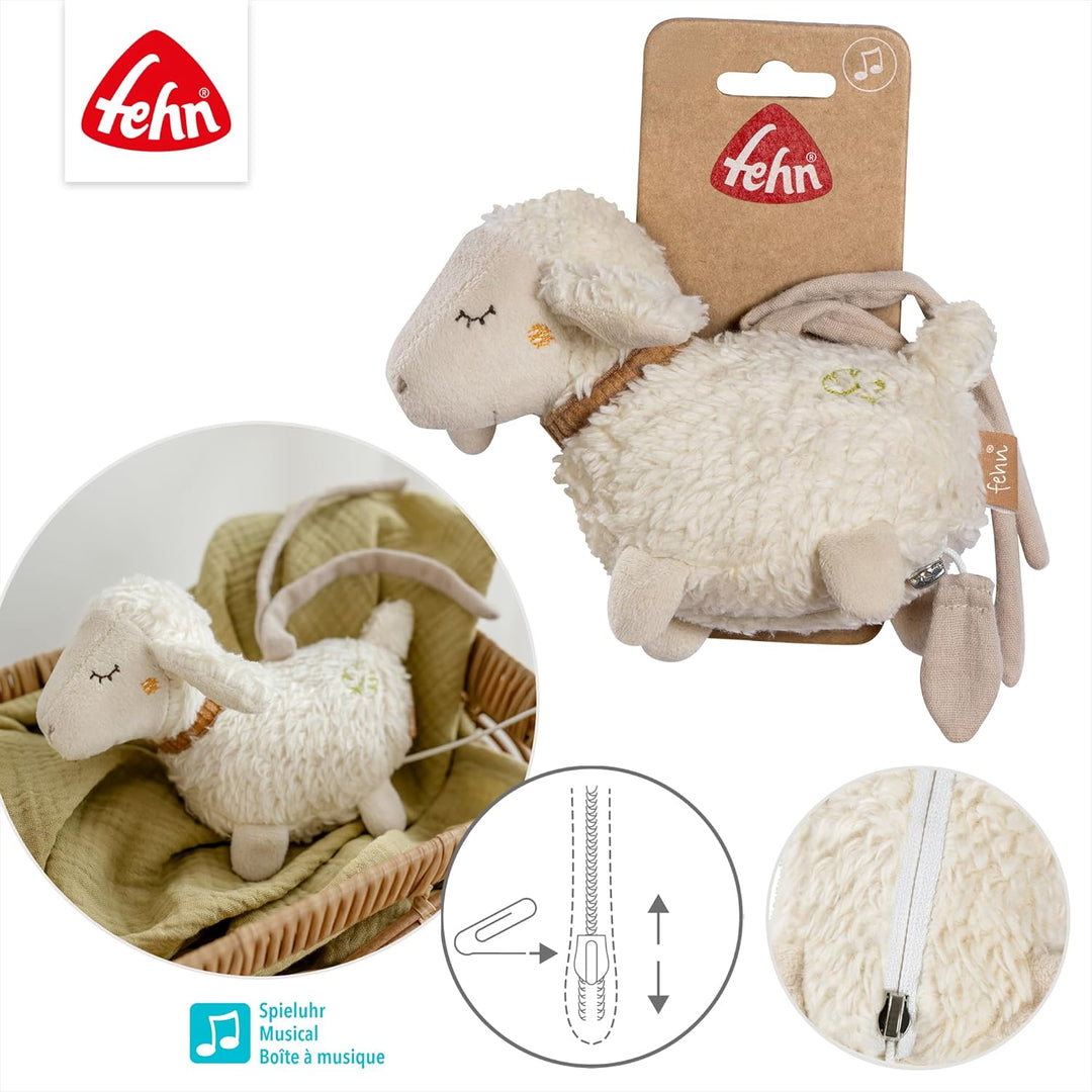 Fehn Mini-Spieluhr Schaf Natur – Kuscheltier & Einschlafhilfe mit Baumwolle aus biologischem Anbau –
