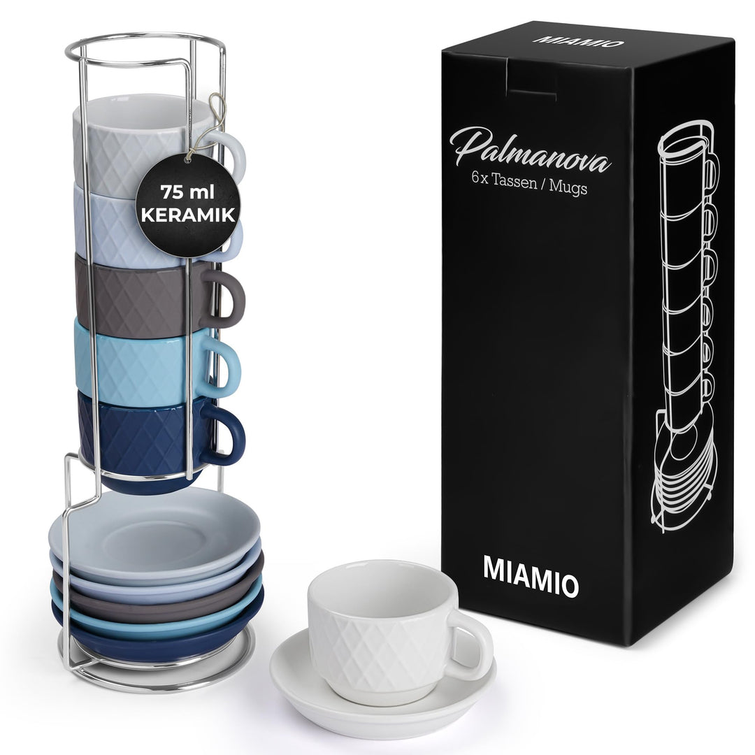 MIAMIO – 6 x 75 ml Espresso Tassen/Espressotassen Set mit Ständer Steingut Keramik - Palmanova Kolle