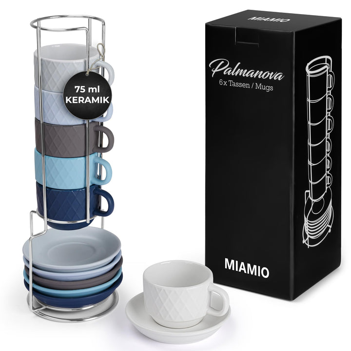 MIAMIO – 6 x 75 ml Espresso Tassen/Espressotassen Set mit Ständer Steingut Keramik - Palmanova Kolle