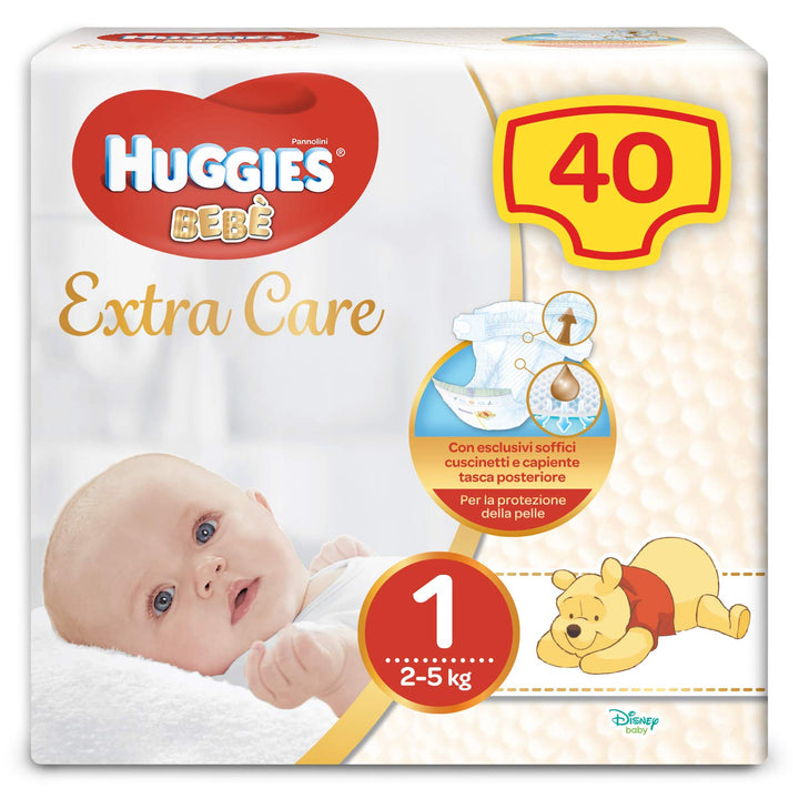 Huggies Huggies Extra Care Baby Grösse 1 (2-5 kg), 40 Windeln – 830 Grösse 1 (40 Stück) Grösse 1 (2-