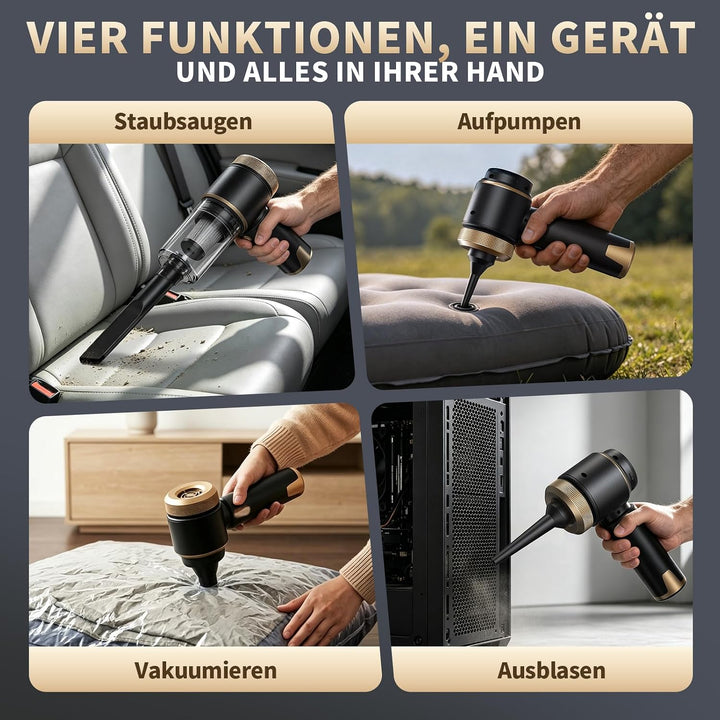 Handstaubsauger Akku 4-in-1 Auto Staubsauger 20000Pa 6000mAh | 4 Funktionen: Saugen, Blasen, Aufpump