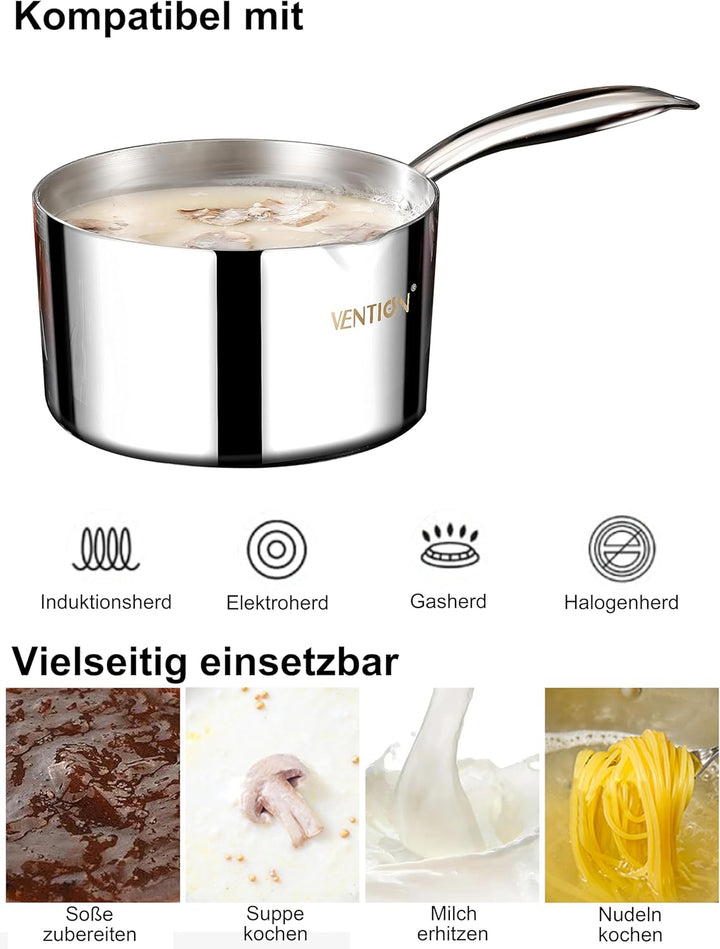 VENTION Stielkasserolle Induktion, Kochtopf Klein mit Deckel 14 cm, 1 Liter Stieltopf mit Ausgiesser