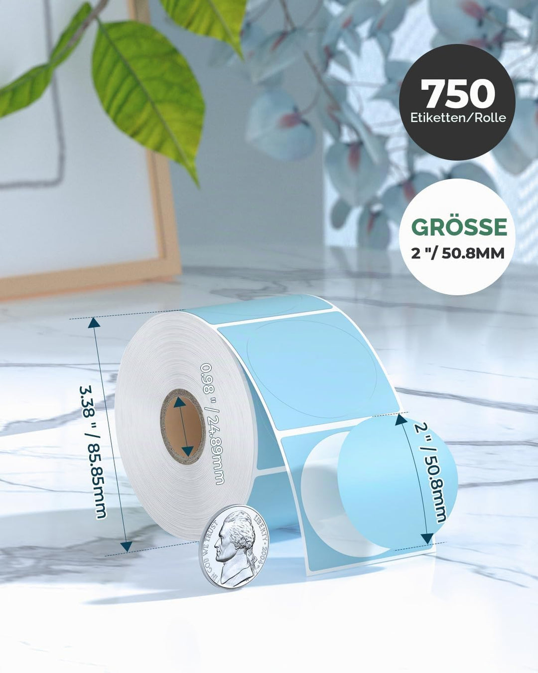 MUNBYN 750 Stück Thermoetiketten, rund, blau, abziehbare Etiketten, rund, 2 x 2 Zoll, Shipping Label