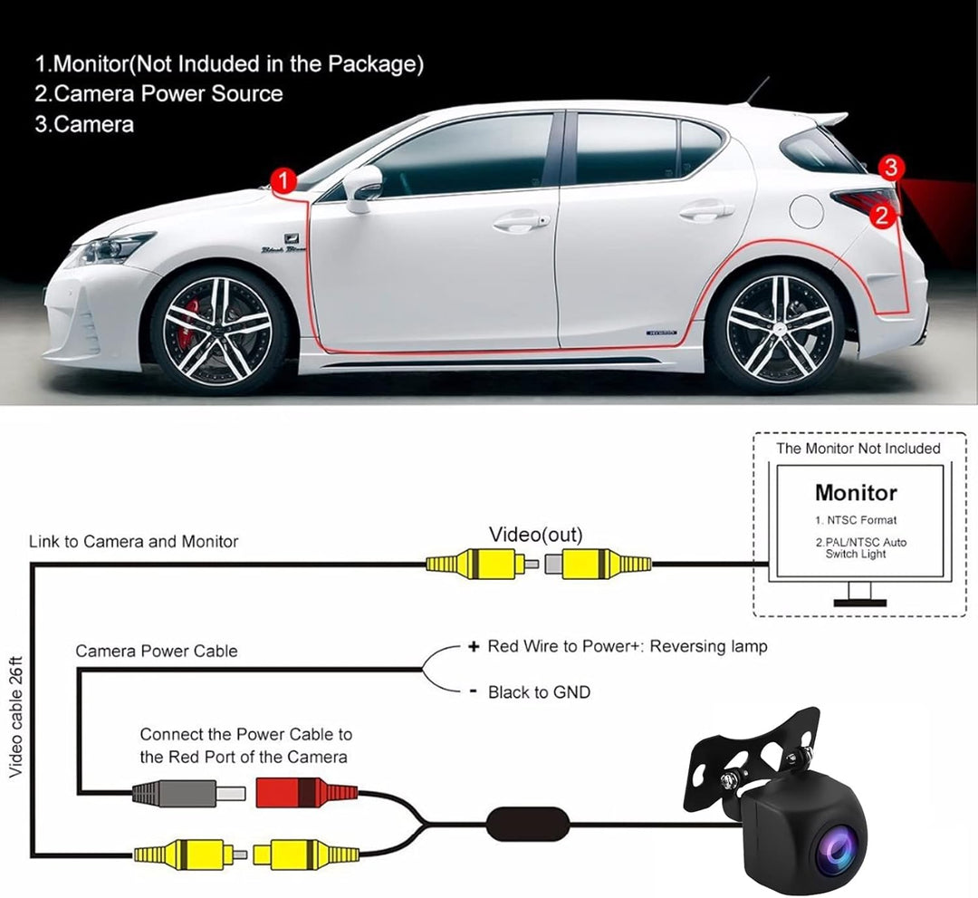 CAMECHO Universal Auto Rückfahrkamera Mit HD Nachtsicht, 170° Weitwinkel, IP68 Wasserdicht, 12V für