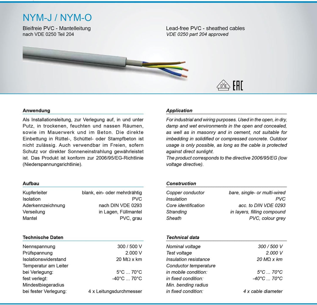 OKSI 60m NYM-J 3x1,5 mm² Mantelleitung Feuchtraumkabel Elektrokabel Kupfer Made in Germany, 60m NYM-