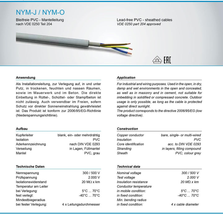 OKSI 40m NYM-J 5x1,5 mm² Mantelleitung Feuchtraumkabel Elektrokabel Kupfer Made in Germany, 40m NYM-