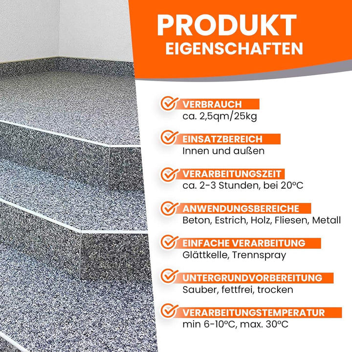 Steinteppich Set für 2qm Wand, Treppe Setzstufe, Sockel aussen innen - 25kg Arabescato + 3kg PU Kleb