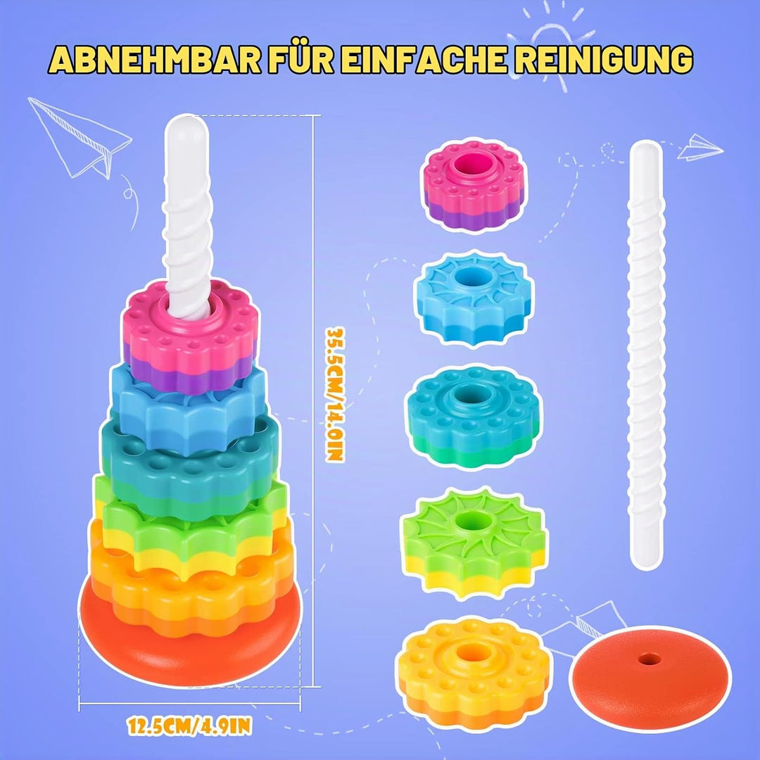 35cm Stapelturm mit Drehfunktion, Regenbogen-Stapelringe Spielzeug für Kinder, Zweifarbige drehende