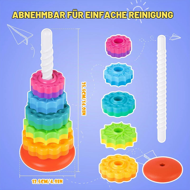 35cm Stapelturm mit Drehfunktion, Regenbogen-Stapelringe Spielzeug für Kinder, Zweifarbige drehende