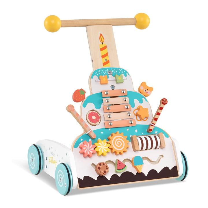 LIFEZEAL Lauflernwagen Holz, Babywalker mit 3-fach verstellbarem Griff, Fach, 4 Rädern, Multi-Aktivi