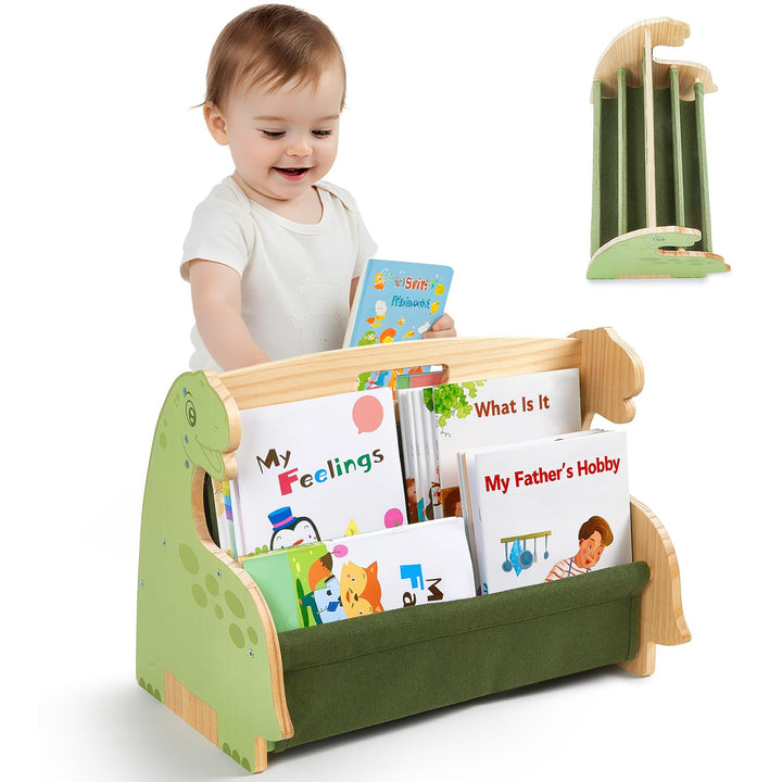 MHJY Bücherregal Kinder, doppelseitiges Holzregal mit robusten Canvas-Taschen, Montessori Stil, trag