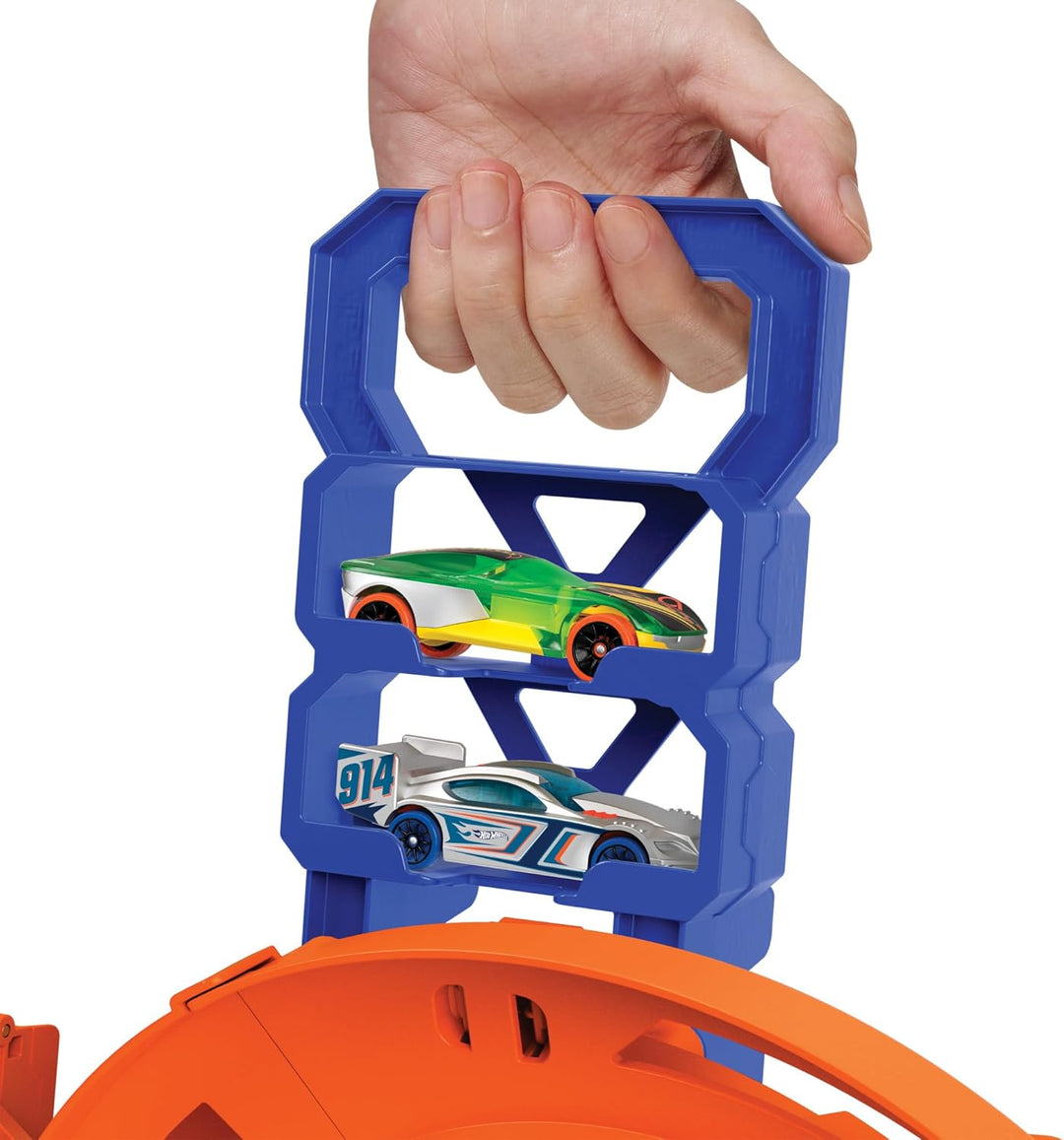 Hot Wheels Spielzeugauto-Trackset, Steilkurven-Rennstrecke, 2 Spielzeugautos im Massstab 1:64, einfa