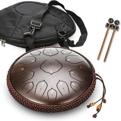 Amkoskr Stahlzungentrommel, 14 Zoll 35 cm Steel Tongue Drum, D-Dur 15 Noten, Handtrommel HandPan Dru