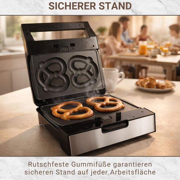 Syntrox Brezel Maker mit Wechselplatten, Edelstahl, schnelles Aufheizen, Antihaftbeschichtet, versch
