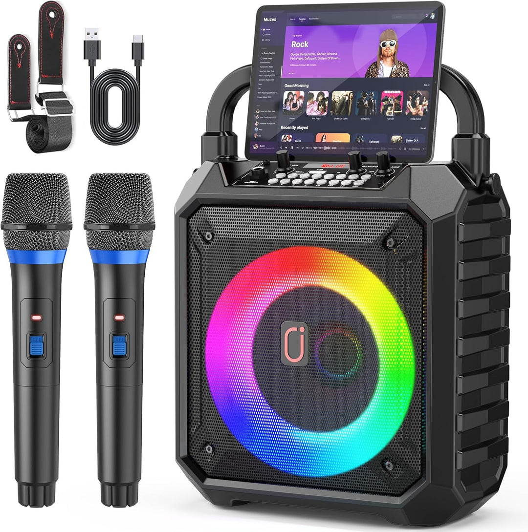 JAUYXIAN Karaoke Machine mit 2 drahtlosen Mikrofones, Tragbaren Bluetooth Lautsprecher mit RGB-Licht