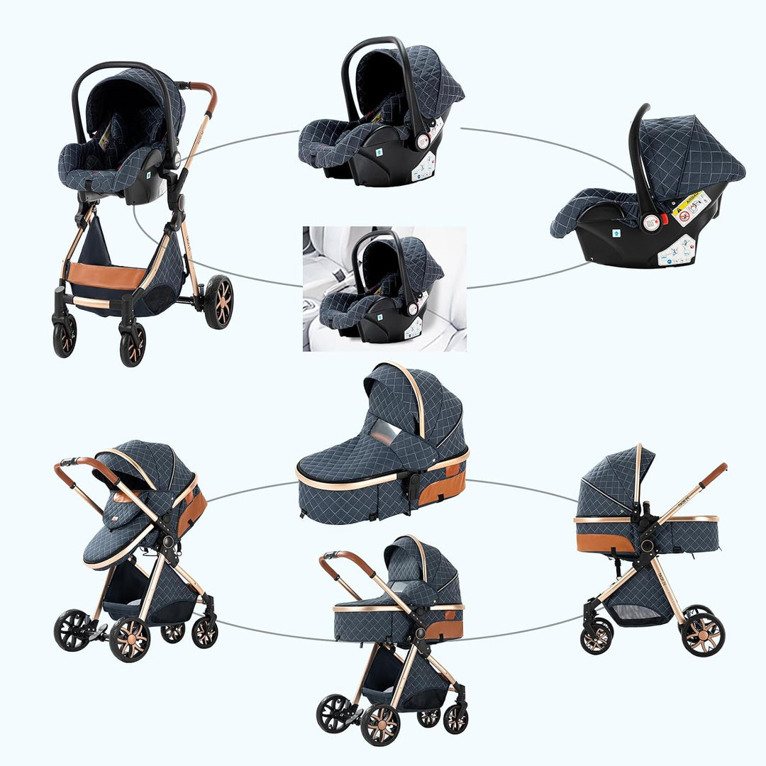 Sianldcone Kinderwagen 3 in 1, Hochwertige Stoffe Kinderwagen Set, Zwei-Wege-Schiebefunktion Reisesy
