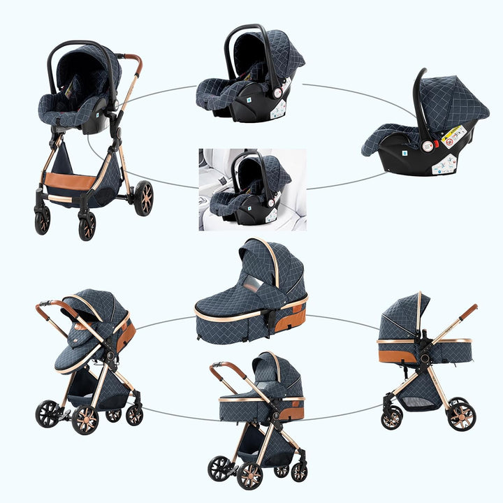 Sianldcone Kinderwagen 3 in 1, Hochwertige Stoffe Kinderwagen Set, Zwei-Wege-Schiebefunktion Reisesy