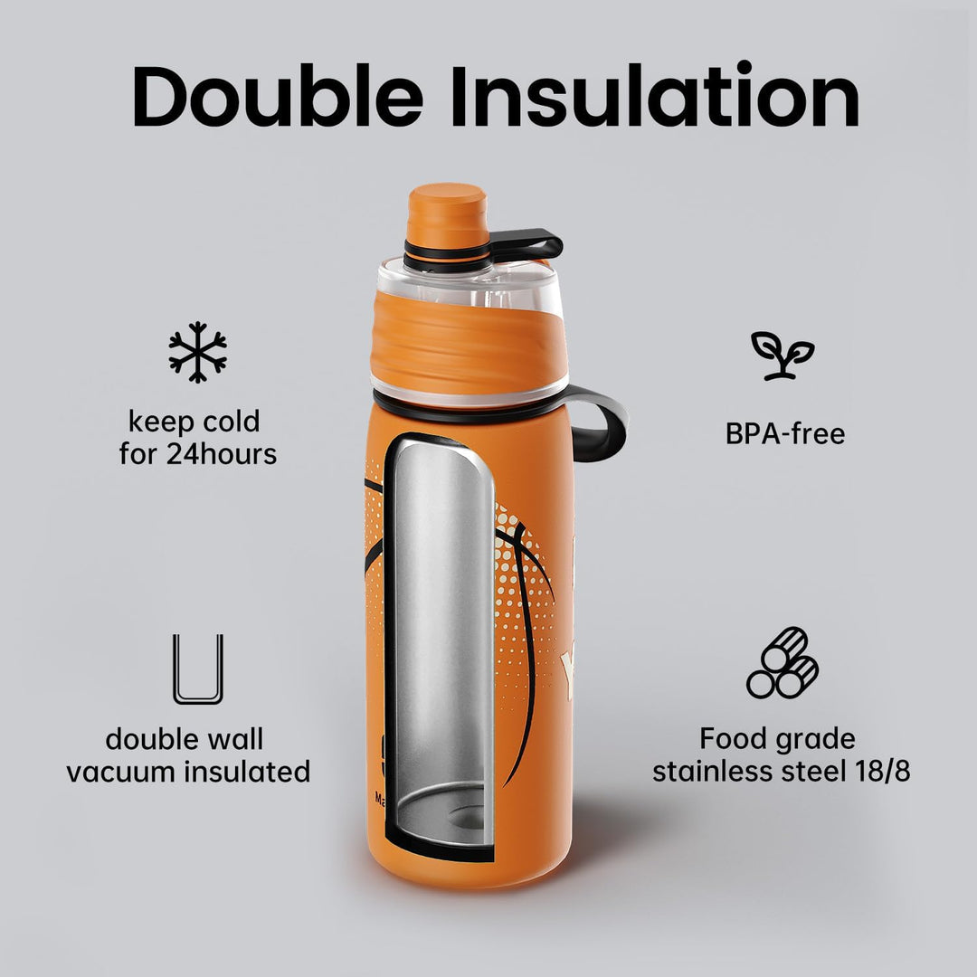 magcheer 600ml Trinkflasche Kinder Basketball mit Sprühfunktion | 3D Strukturierte Isolierte Nebel W