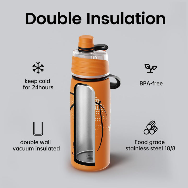 magcheer 600ml Trinkflasche Kinder Basketball mit Sprühfunktion | 3D Strukturierte Isolierte Nebel W