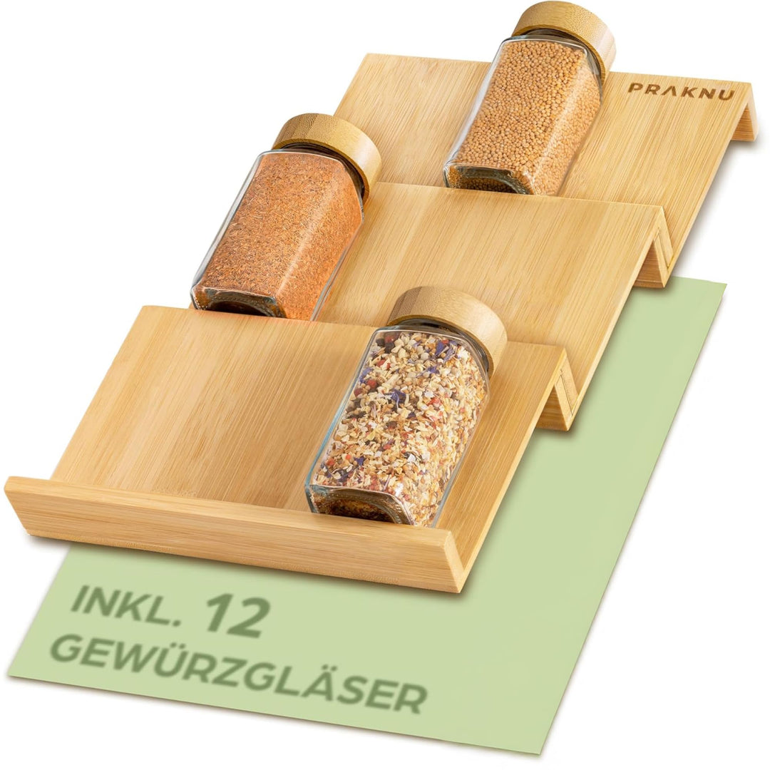 Praknu Gewürzregal mit Gläsern - Gewürzregal aus FSC® Holz - 12er-Set Gewürzgläser eckig mit Bambusd