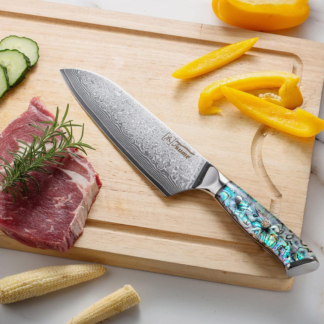 Tsume Santoku Messer Abalone, Klingenlänge 19cm, Echtes Damast Küchenmesser mit Perlmuttplatten, 67