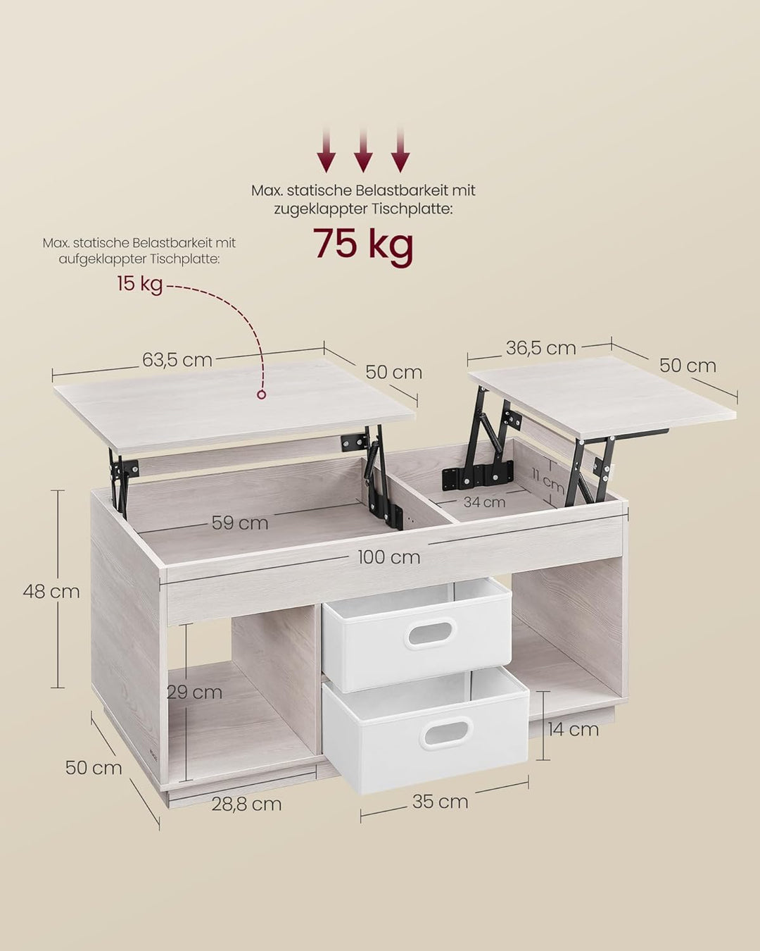 VASAGLE Couchtisch, höhenverstellbarer Wohnzimmertisch, 2 Schubladen und versteckte Fächer, Kaffeeti