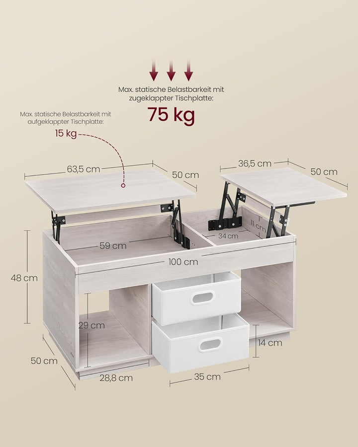 VASAGLE Couchtisch, höhenverstellbarer Wohnzimmertisch, 2 Schubladen und versteckte Fächer, Kaffeeti