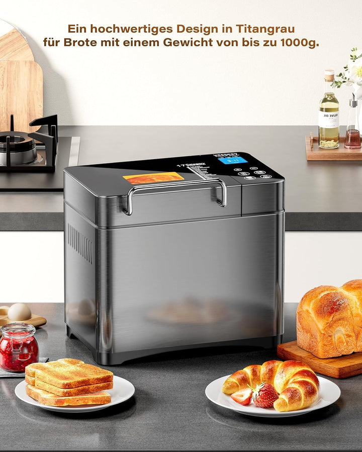 710W 1KG Konvektions Brotbackautomat mit Doppelten Heizrohren, 17 in 1 Edelstahl Brotbackmaschine, K