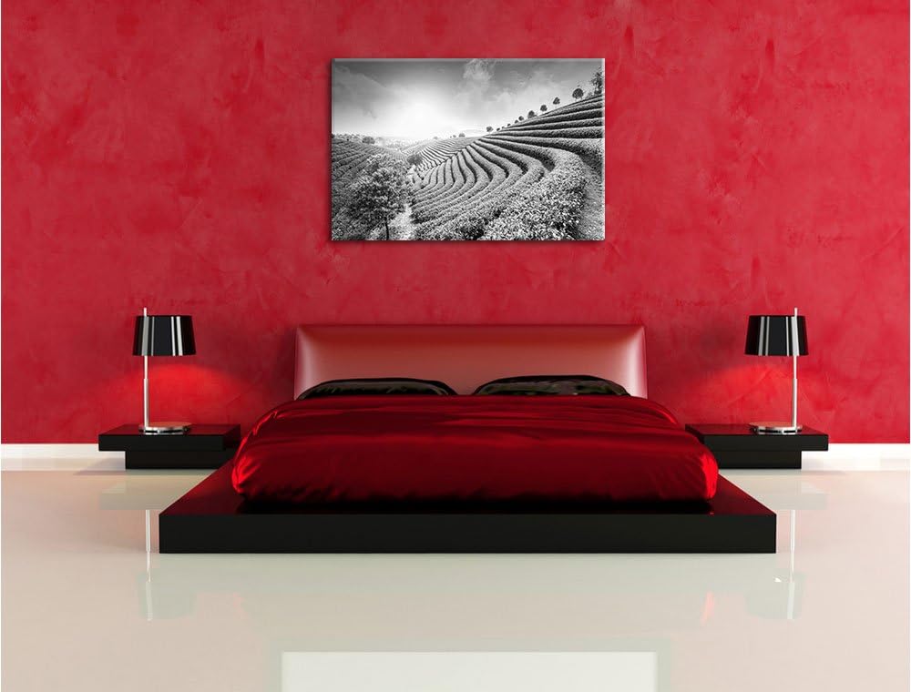 Pixxprint Japanische Treppenfelder Kunst B&W / 100x70cm Leinwandbild bespannt auf Holzrahmen/Wandbil