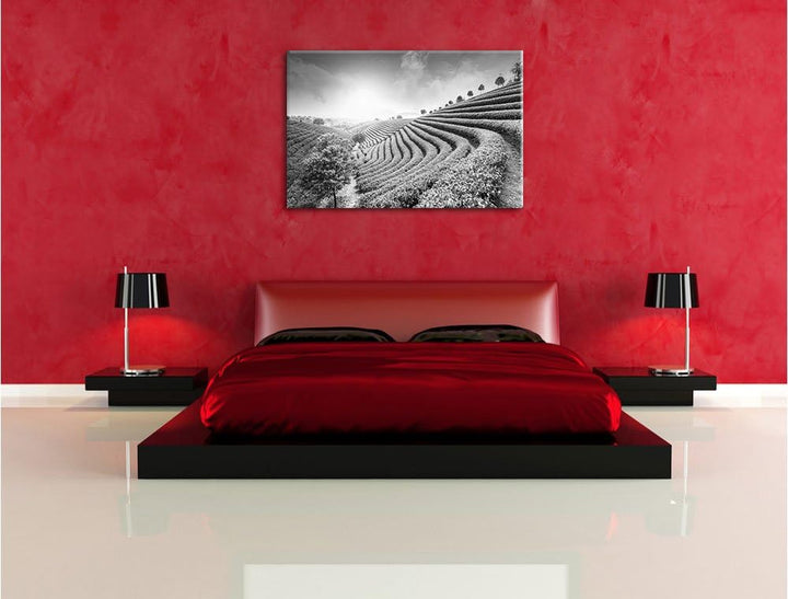 Pixxprint Japanische Treppenfelder Kunst B&W / 100x70cm Leinwandbild bespannt auf Holzrahmen/Wandbil