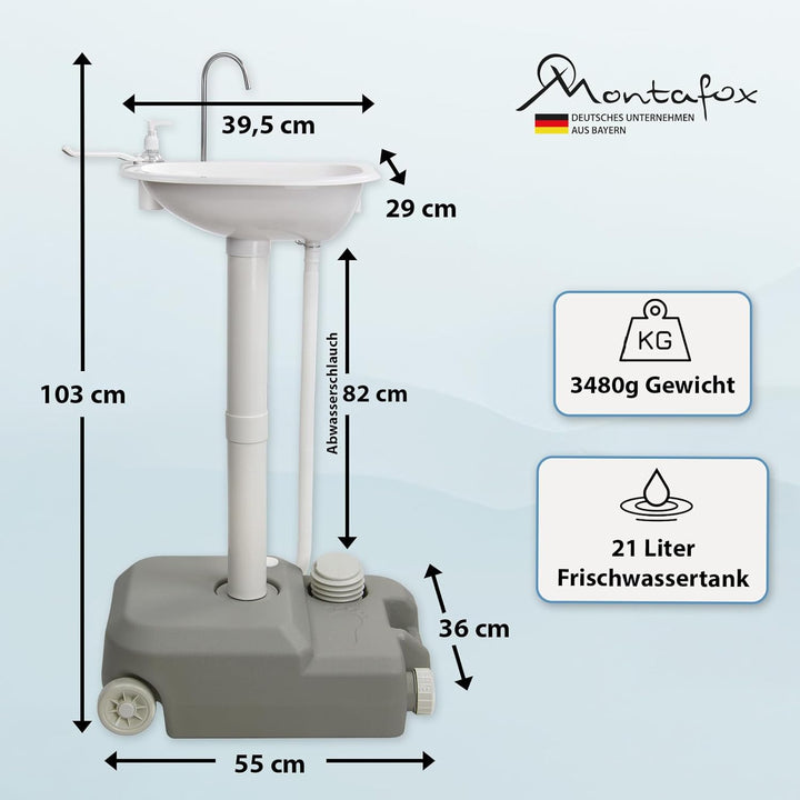Montafox Mobiles Camping Waschbecken 21 L Frischwassertank - Waschstation mit Fusspumpe Seifenspende
