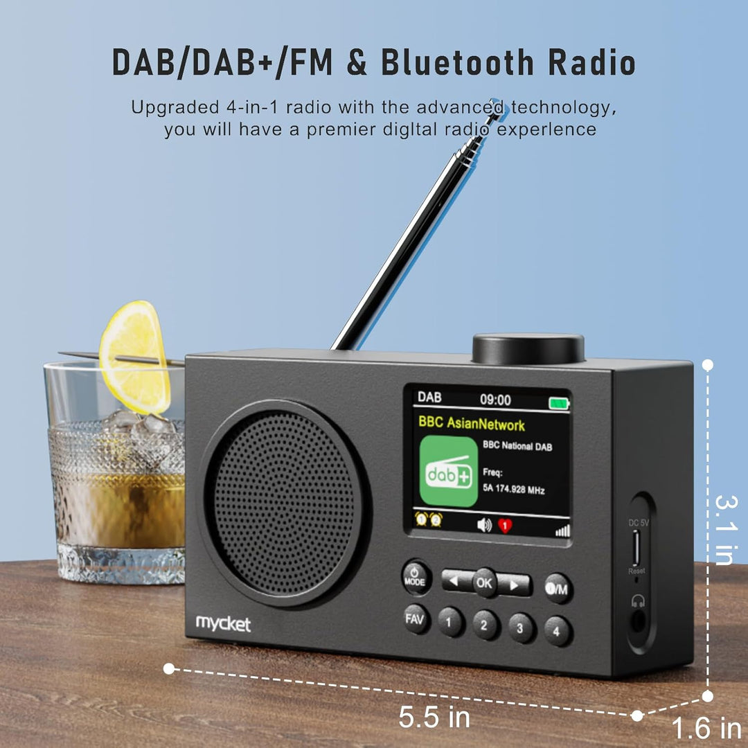 Mycket Tragbares DAB/DAB+ Radio, UKW Digitalradio mit Bluetooth, Kleines Wiederaufladbares Radio, 2,