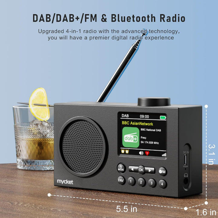 Mycket Tragbares DAB/DAB+ Radio, UKW Digitalradio mit Bluetooth, Kleines Wiederaufladbares Radio, 2,