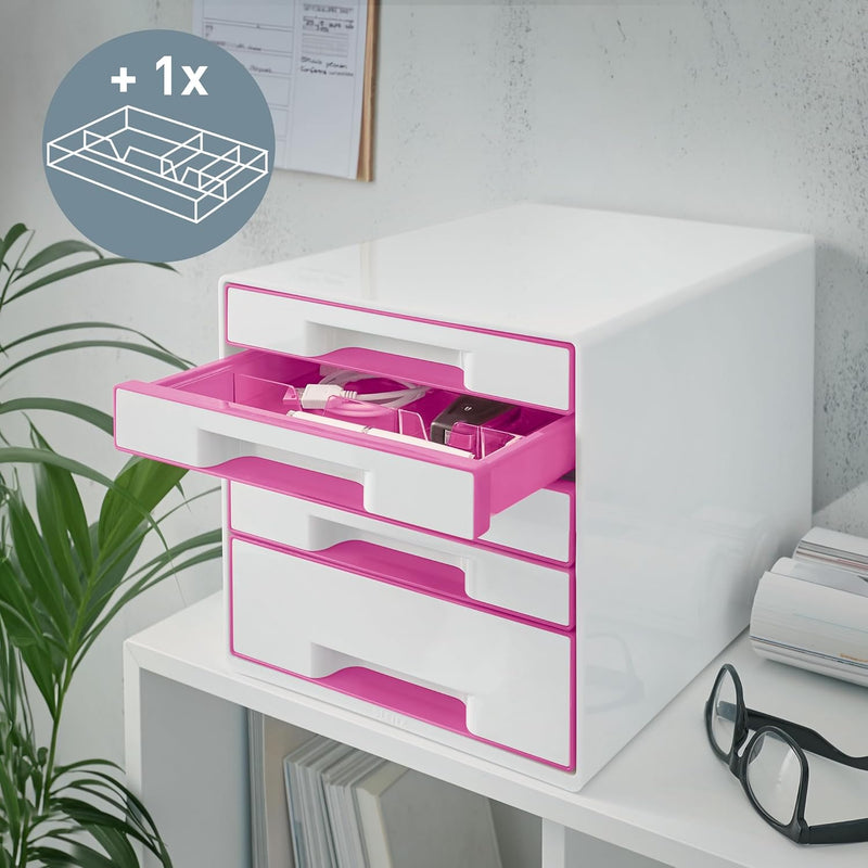 Leitz CUBE Schubladenbox mit 5 Schubladen, Weiss/Pink, A4, Inkl. transparentem Schubladeneinsatz, WO