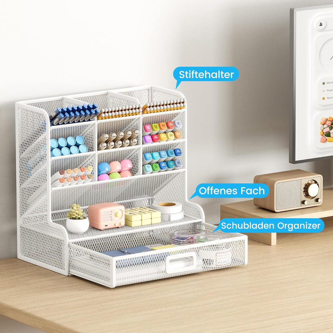 VITVITI Schreibtisch Organizer, 9 Fächer Stiftehalter mit Schublade, Netz Stifte Regal aus Metall, S