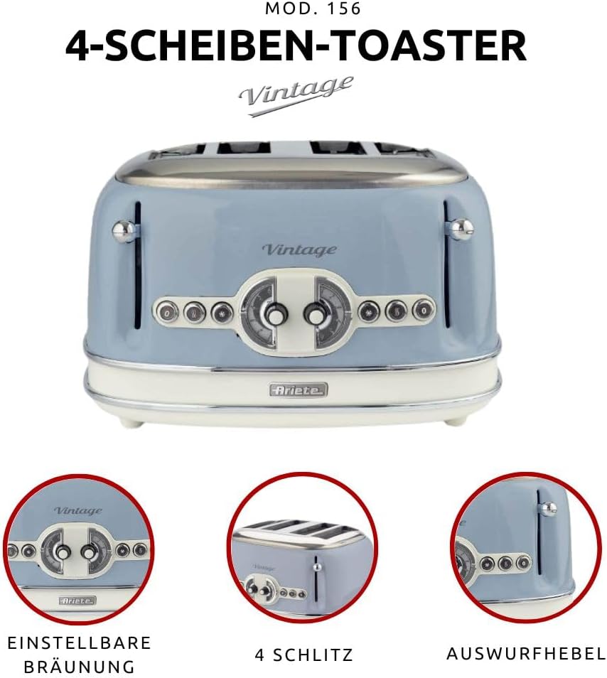 Ariete,156 Toaster im Vintage-Design für 4 Scheiben, 1600 W, 6 Toaststufen, aus lackiertem Edelstahl