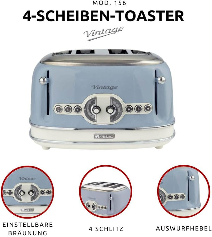 Ariete,156 Toaster im Vintage-Design für 4 Scheiben, 1600 W, 6 Toaststufen, aus lackiertem Edelstahl
