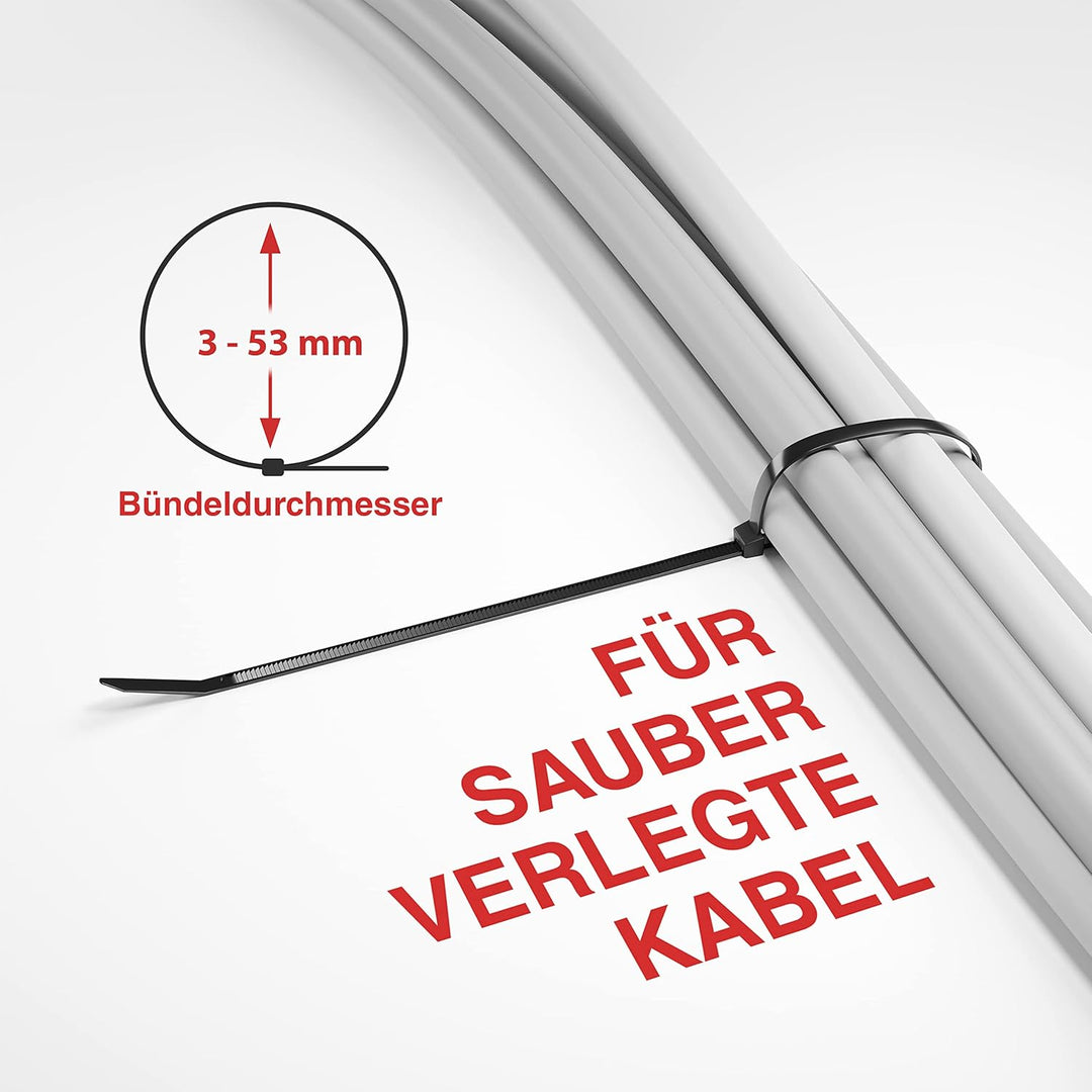 HeiKab 1000 Kabelbinder 200 x 4,8 mm - UV-Beständig - Mindestzugfestigkeit 220 N / 22,4 kg - Schwarz