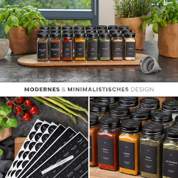 Gewürzgläser Set schwarz | 24 Gewürz Organizer inkl. 336 deutschen Gewürzetiketten | Gewürzgläser ec