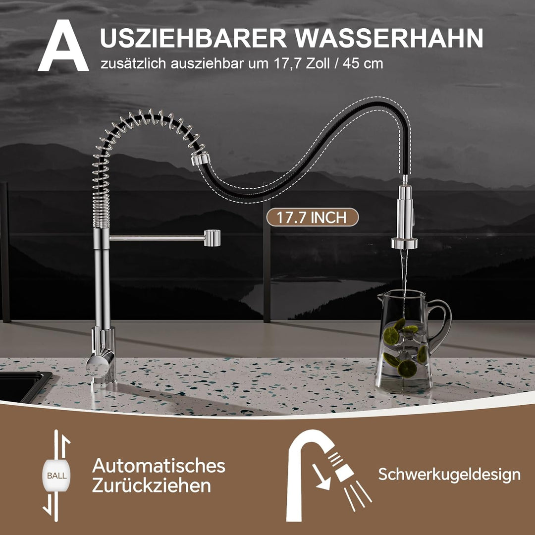 Spiralfeder Wasserhahn Ausziehbar, Hochdruck Küchenarmatur mit Brause, mit 2 Strahlarten, 360° Drehb