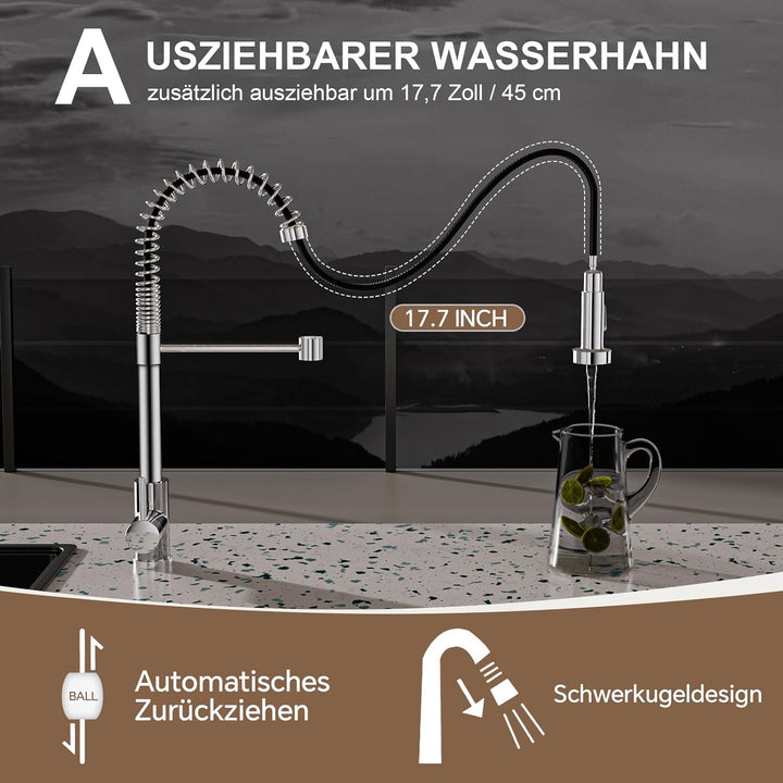 Spiralfeder Wasserhahn Ausziehbar, Hochdruck Küchenarmatur mit Brause, mit 2 Strahlarten, 360° Drehb