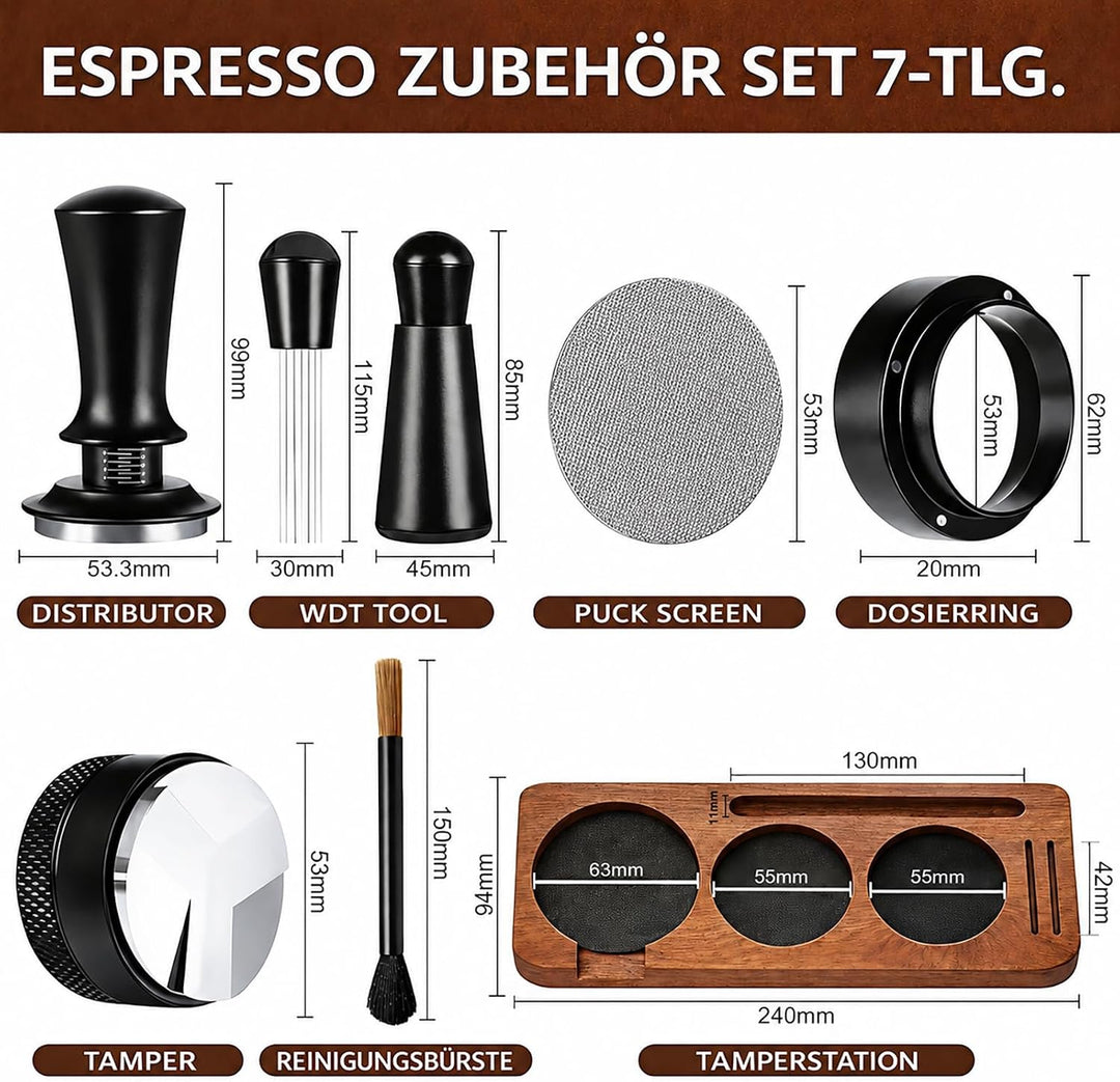 54 mm Espresso Zubehör Set 7-teilig – Barista Zubehör & Tamper Set mit Tamperstation aus Sapeleholz,