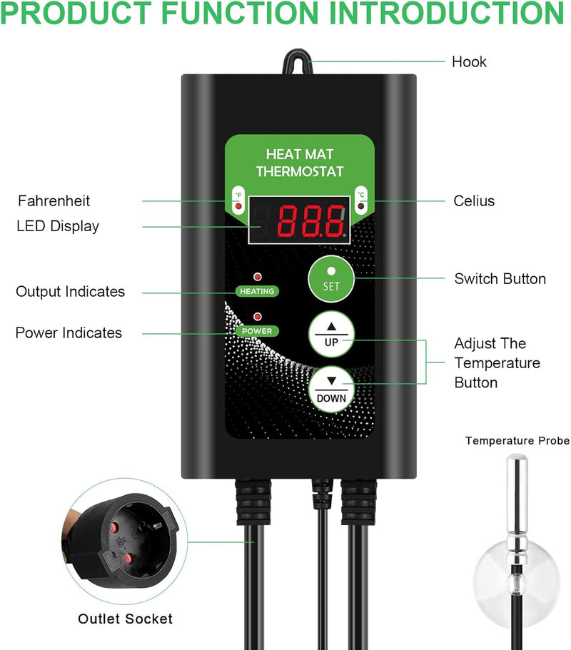 RIOGOO 24 * 52 cm Sämling-Heizmatte und Thermostatregler 68-108 ° F Digitaler Thermostatregler IP68