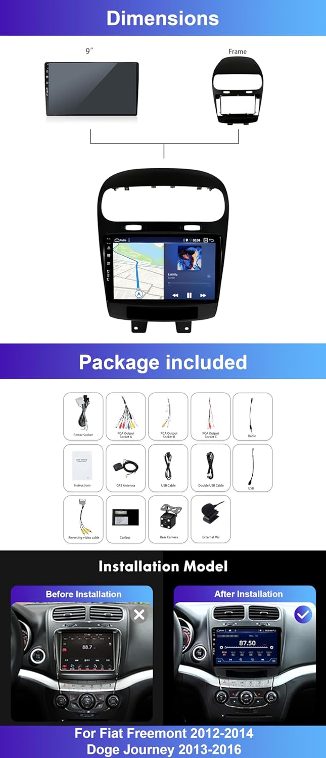 Autoradio für Dodge Journey FIAT Leap Freemont 2011–2020, mit GPS Navi – 9 Zoll IPS-6G + 128G Rückfa