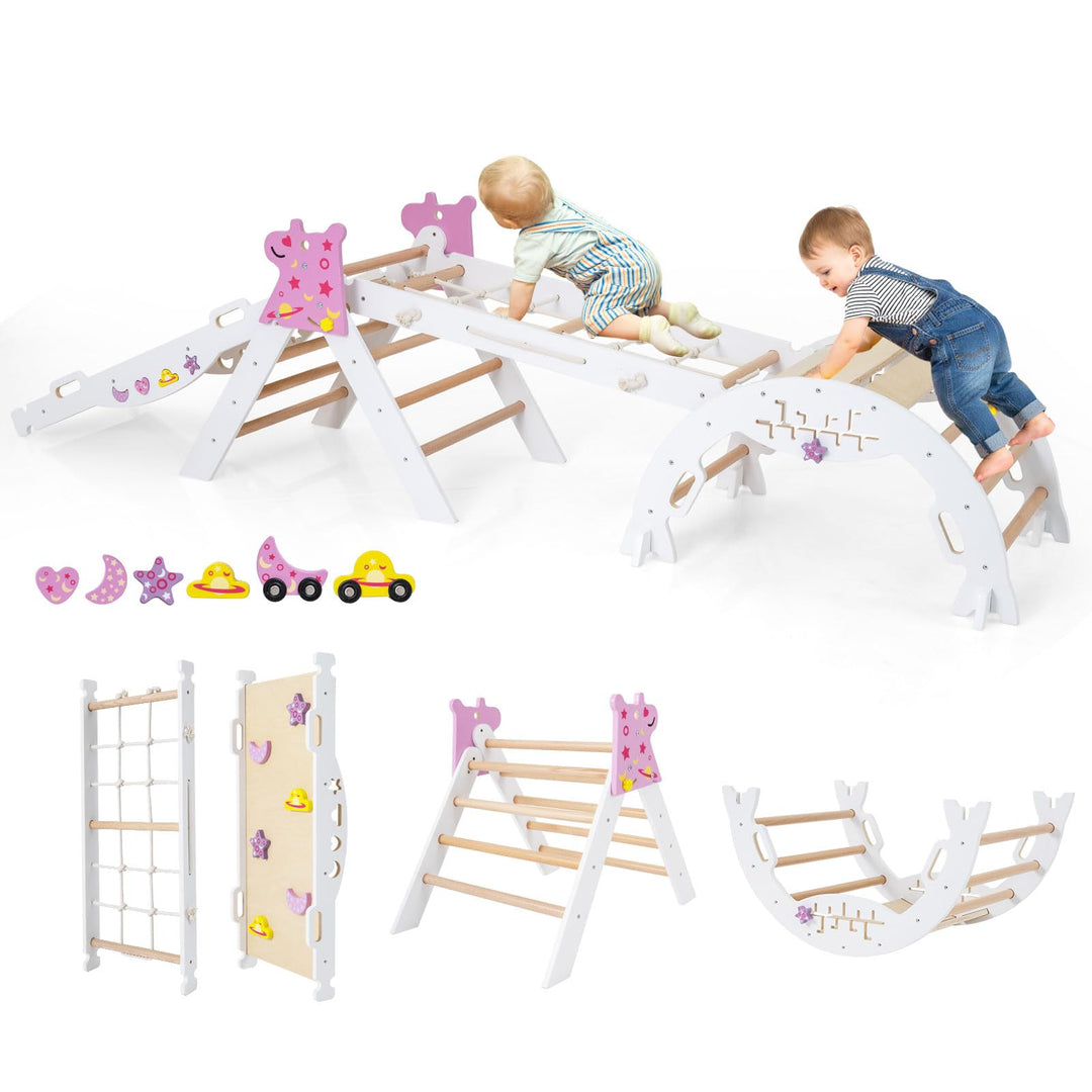 COSTWAY Klettergerüst Indoor 4er Set, klappabres Kletterdreieck mit Rutsche, Kletterbogen, Netz, ink