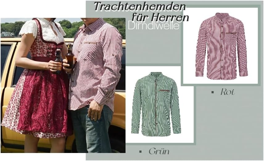 Dirndlwelle Trachtenhemd Herren,100% Baumwolle Rot/Grün/Weiss Oktoberfest Trachtenhemd Herren Langar