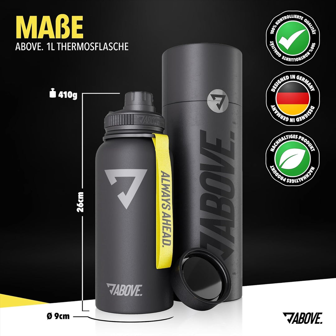 ABOVE. Trinkflasche Edelstahl 1L I Gratis Trinkverschluss I BPA-FREI I Thermosflasche hält bis zu 12