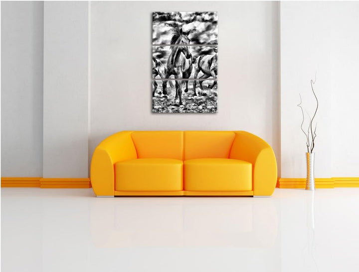 Pixxprint Monocrome, Western Pferde Cowboy 3-Teiler Leinwandbild 120x80 Bild auf Leinwand