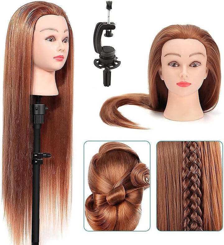Übungskopf, 61 cm, Friseur-Übungskopf mit Tischklemmenständer, 100% weiches Kunstfaser-Material, Ech